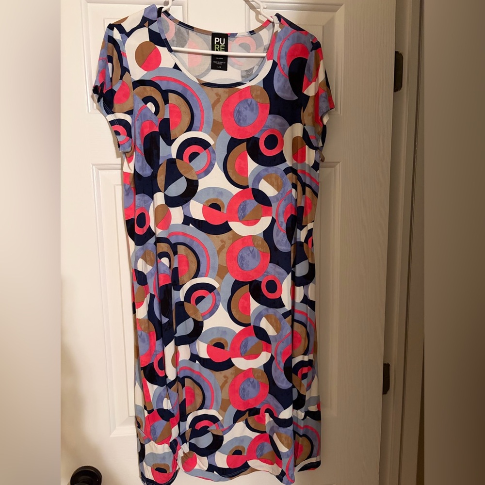 Pure Essence Multicolor Circle-Print Short Sleeve Dress - Pink/Navy